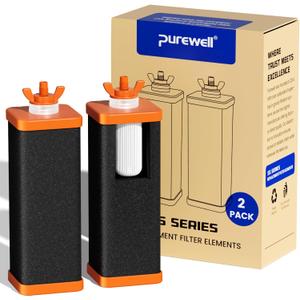 Purewell PF-6-FL Black 5-Stage Composite Fluoride and Carbon Reduction Filters, Compatible with Berkey® Big+, ProOne® Big+ Gravity Water Filter Systems and Purewell Systems (2 Pack, SS Series)