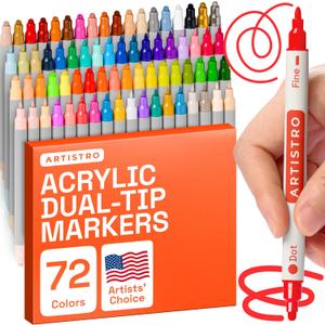 ARTISTRO Vibrant Acrylic Paint Markers for Rock, Fabric, Glass, Wood, Paper, Ceramic, Canvas & More - 72 Dual-Tip Paint Pens (Dot & Fine) - Quick Dry, Teacher Classrooms Must Have, Drawing Markers