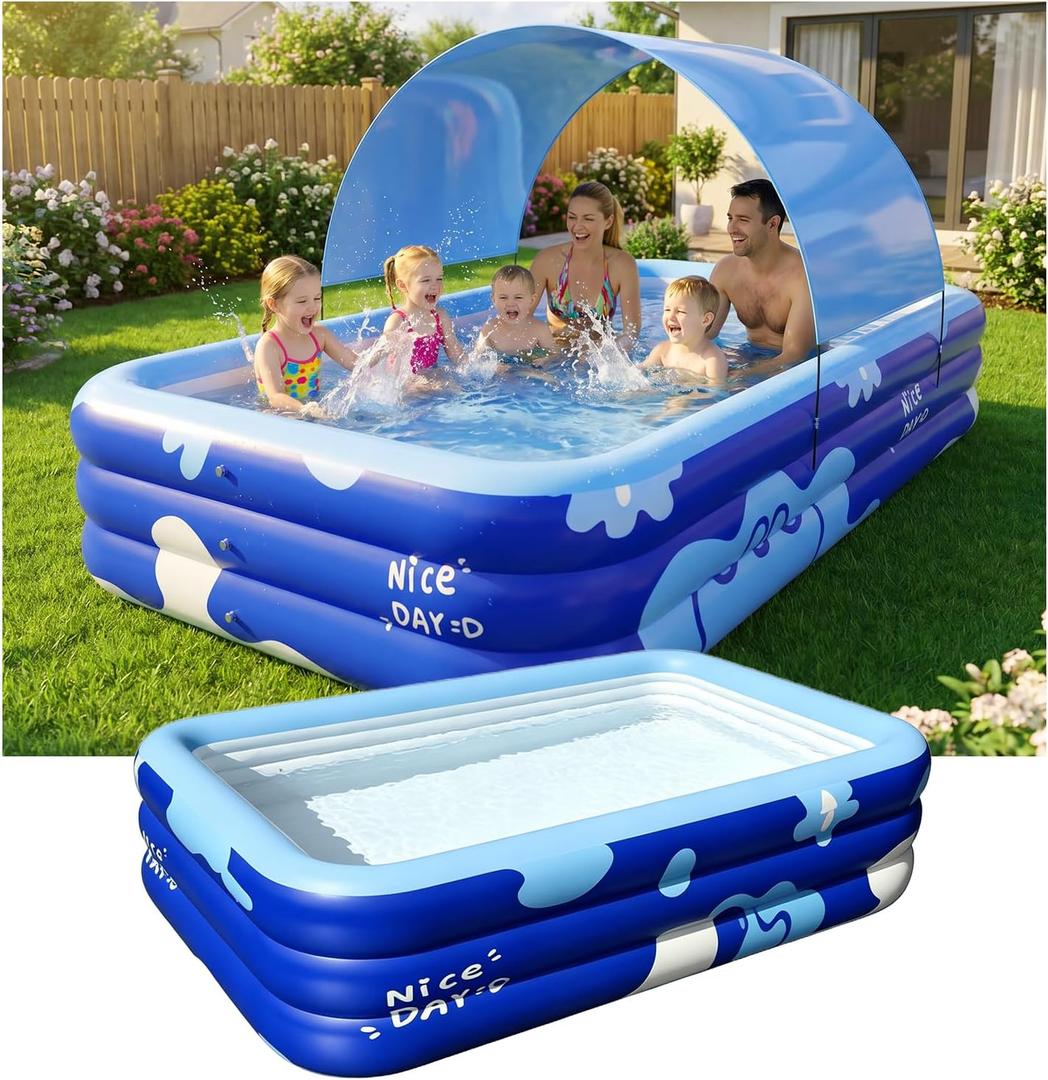 Inflatable Pool with Canopy for Adults, 118" x 69" Extra Large Blow Up Pool for Family Kids, Thickened Swimming Pool for Backyard Patio, 3-4 Mins Fast Inflation Pump Included, Duo-Tone, 118.2×69×22
