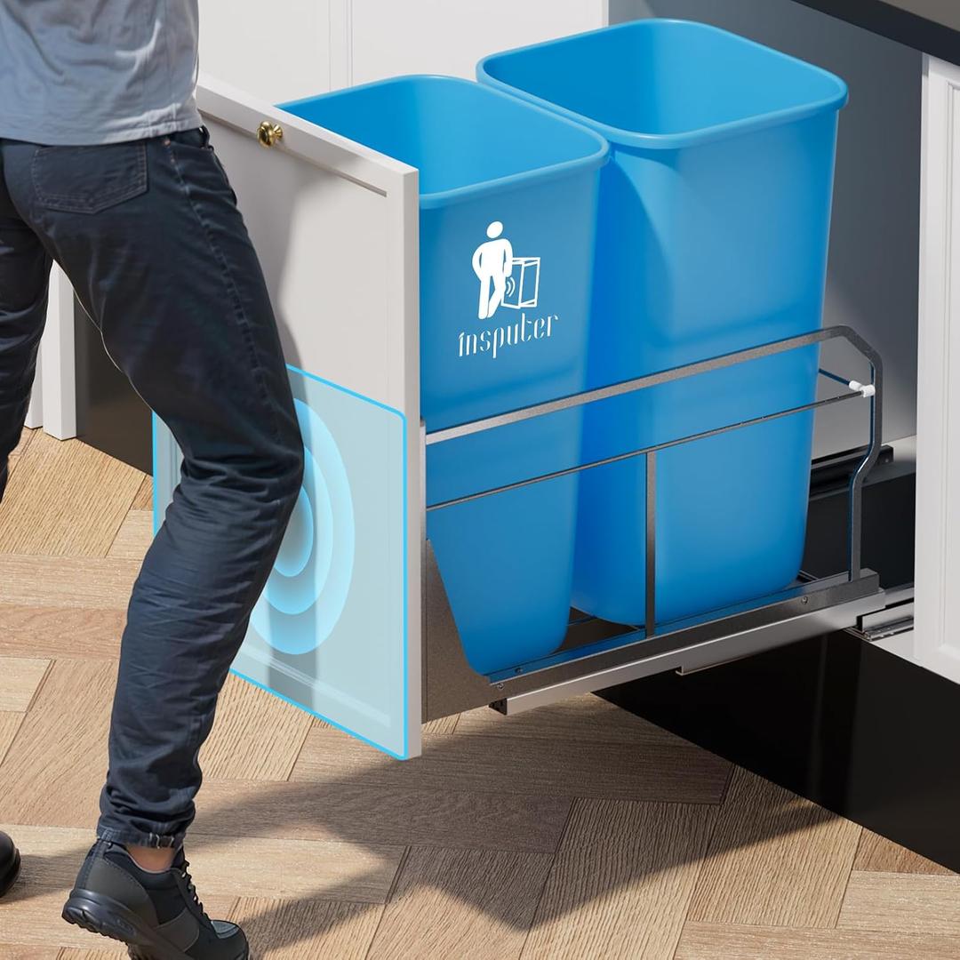 Insputer Double Pull Out Trash Can Under Cabinet with Push to Open Slides, Heavy Duty Under Sink Garbage Can Kit for Kitchen, Not Include Bin, Require 18" W X 24" D Cabinet (Grey)