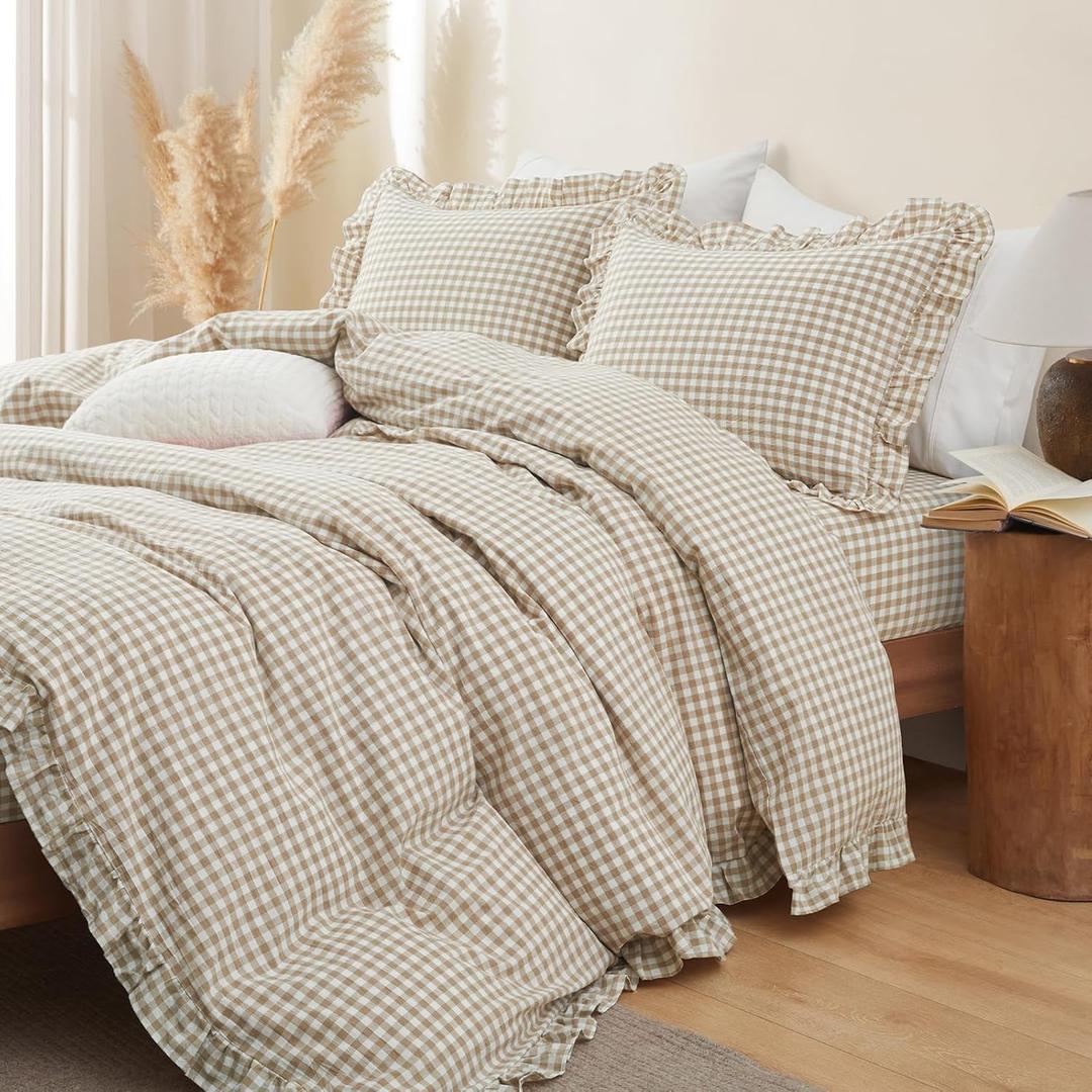 Taupe Gingham Ruffle Duvet Cover King Size 3 Piece Cotton Brown Plaid Comforter Cover, Ruffled Shabby Chic Checkered Bedding Set with Zipper Closure & Corner Ties(Comforter Not Included)