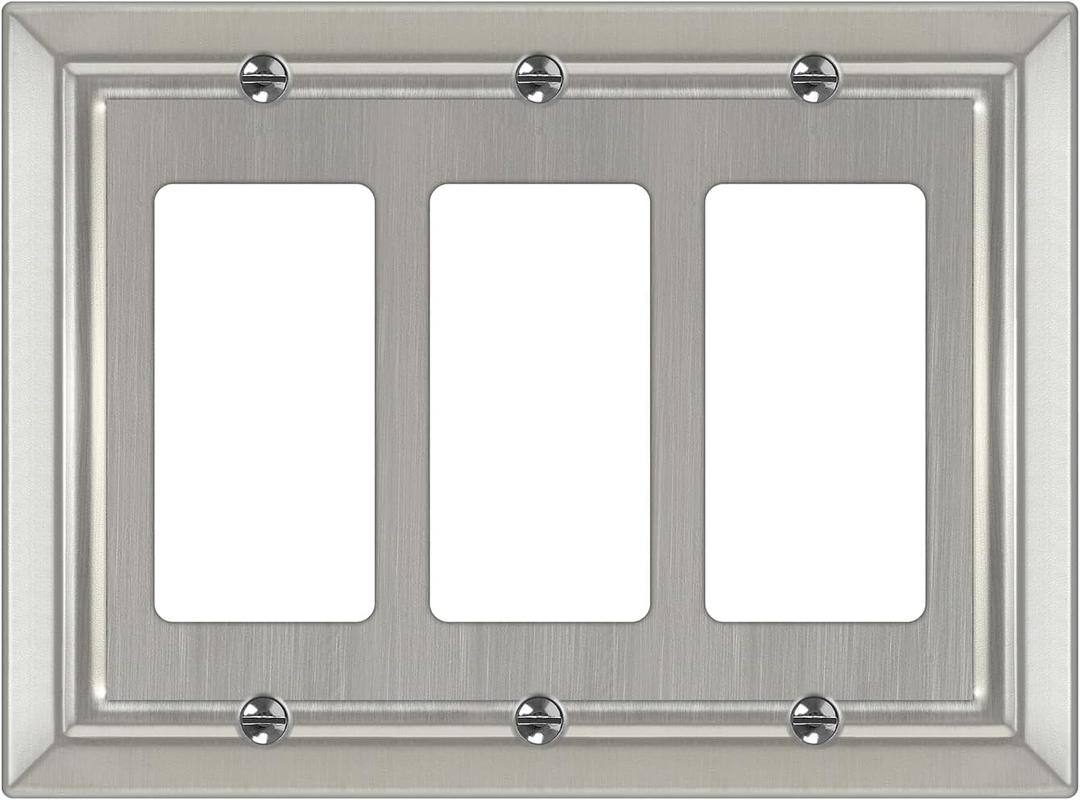 Metal Wall Plate for Electrical Outlets, Decorative Brushed Nickel Switch Plates Outlet Cover, Light Switch Cover Plate, 3-Gang Wall Plates (Triple Decoretor, 1 Pack)