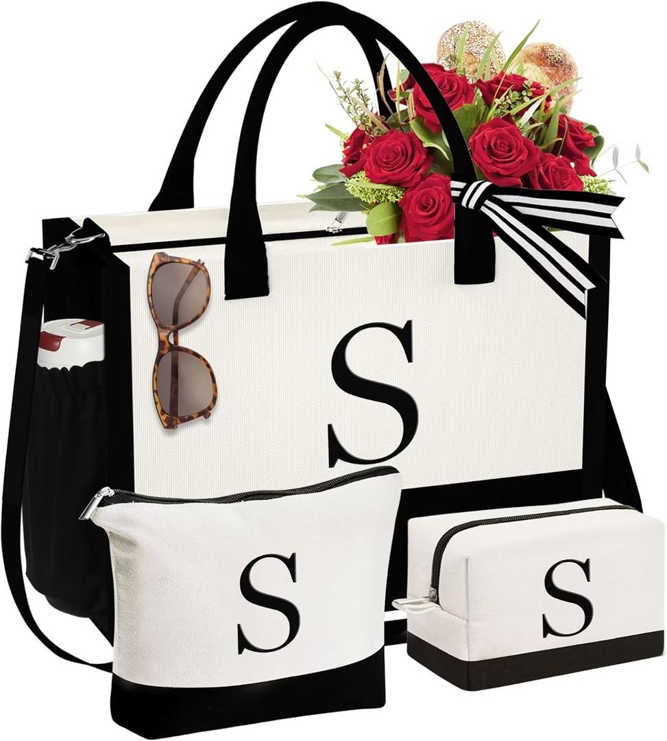 YOOLIFE Mothers Day Gifts - Initial Canvas Tote Bag & Makeup Bag, Birthday Gifts for Women Mom Sister Friends