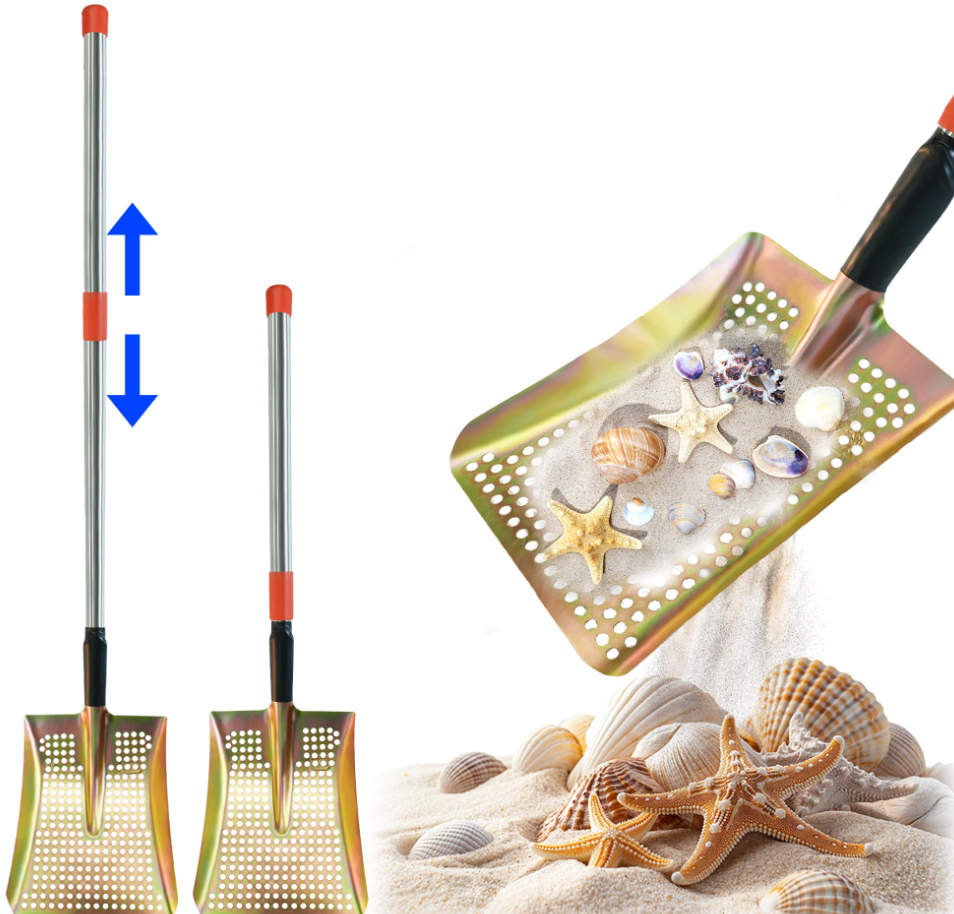 Desunqin Heavy Duty Sand Dipper, 55'' Metal Treasure Shovel Digger Sifter, Adjustable Length Sifting Sand Shovel for The Beach Chicken Coop Farm Goat Stall, Sand Poop Cleaning, silvery
