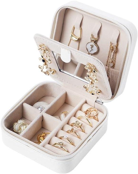 Square Jewelry Storage Box for Women, Womens Portable Jewelry Case for Earring Necklace Ring (White)