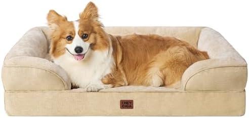 EHEYCIGA Orthopedic Dog Beds for Large Dogs, Waterproof Memory Foam Large Dog Bed with Sides, Non-Slip Bottom and Egg-Crate Foam Pet Couch Bed with Washable Removable Cover, Greige