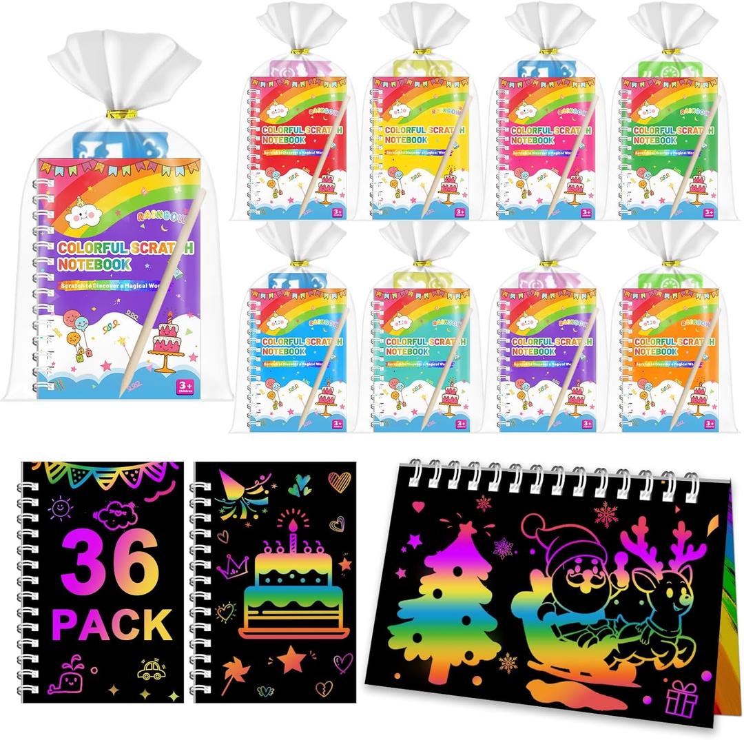 iooo Party Favors for Kids: 36 Pack Scratch Art Notebooks with Rainbow Colors, 2-in-1 Coloring & Scratch Books, Bulk Birthday Gifts, Goodie Bags, Classroom Prizes for Boys & Girls