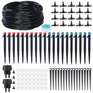 115FT Drip Irrigation System Kit, Automatic DIY Watering Misting System for Raised Bed, Greenhouse, Yard, Lawn, Plants with 50Pcs Drip Support Stakes, 1/4'' Tubing, Drip Emitters, Connectors
