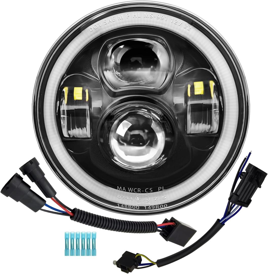 7 inch Motorcycle LED Headlight DRL White Halo DOT Kit Compatible with Harley Davidson Fat Boy Street Glide Heritage Softail Road King Electra Glide - Black