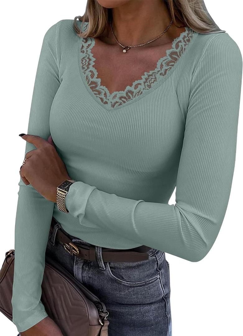 LUXVEER Long Sleeve Shirts for Women Lace V Neck Ribbed Fitted T-Shirt Dressy Business Casual Blouses 2026 Trendy Fall Tops (Green, XL)