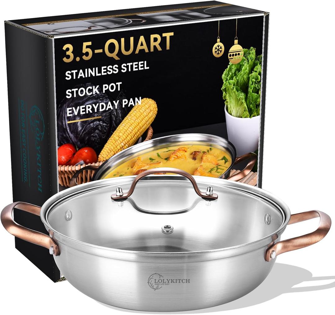 LOLYKITCH 11" Tri-Ply Stainless Steel Saut Pan with Lid,3.5 QT Everyday Pan,Kadhai,Induction Cooking Pan,Dishwasher and Oven Safe.