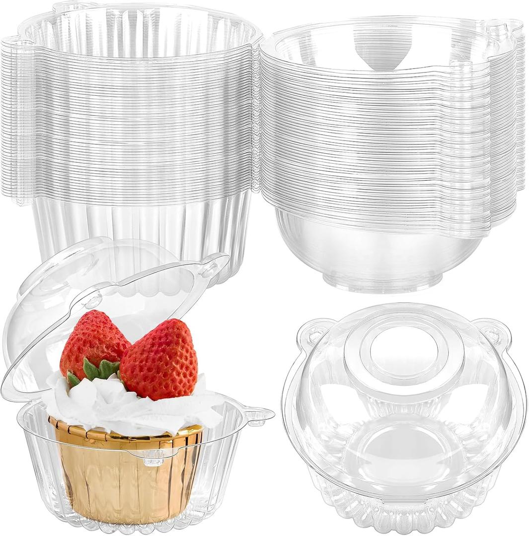 TOFLEN 100ct Disposable Clear Plastic Packaging Box with Cover - Plastic Hinged Food Container for Desserts To-Go, Fruit, Bread, Party Favor Cake - Cupcake Boxes Individual