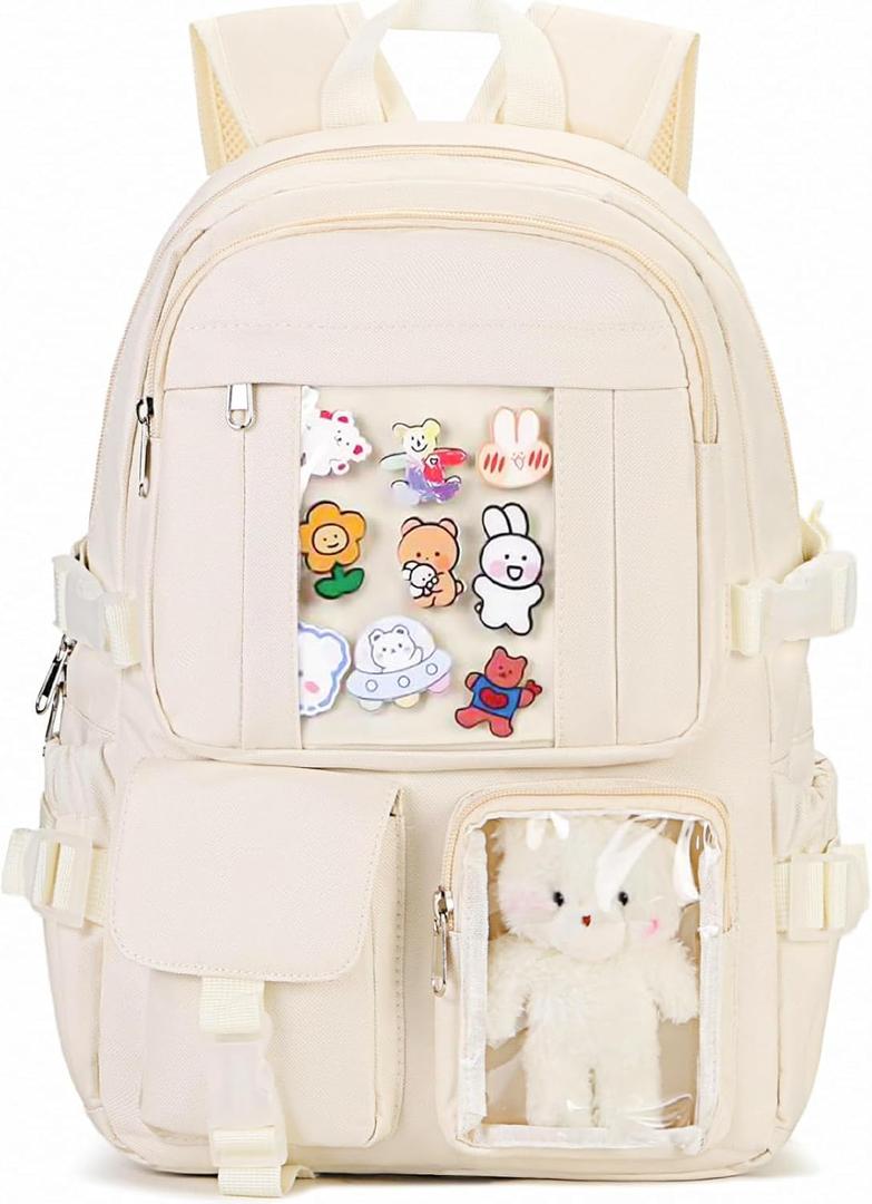 Kawaii Backpack for Teen Girls, Cute Aesthetic High Middle School College Bookbag with Accessories, Beige (Medium)
