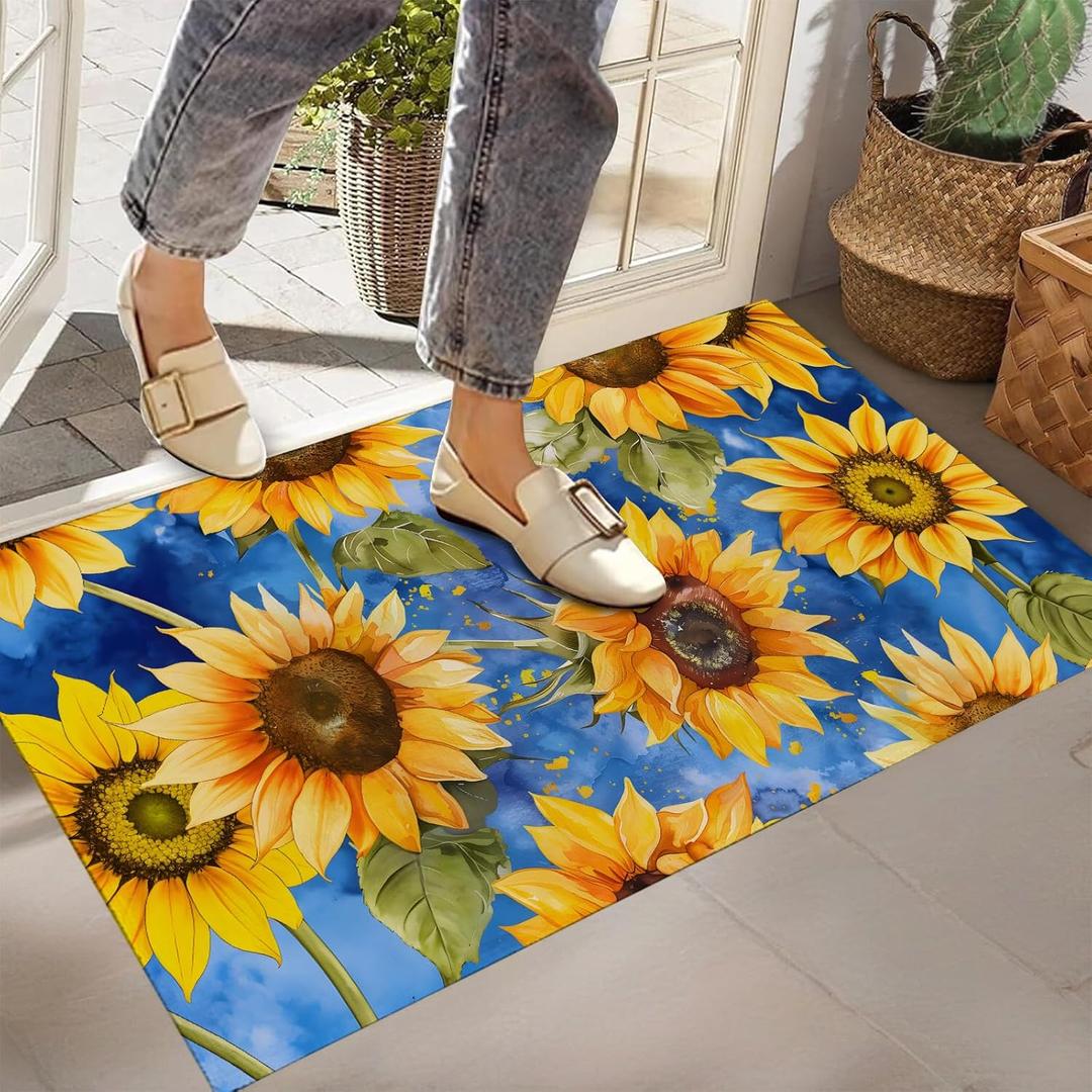 Sunflower Watercolor Indoor Doormat, Non-Woven Fabrics Non Slip Floor Mat 17x29.5 in Area Rug Quick Absorbent Entrance Rug Front Door Mat, Welcome Mats Entryway Rug Doormats for Kitchen Home