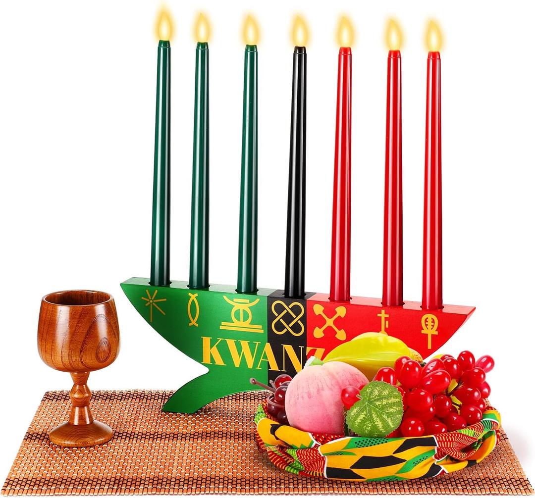 Mumufy 12 Pcs Kwanzaa Kinara Set Include 3 Red 3 Green 1 Black Candles Double Sided Wooden Candle Holder Wine Glasses Basket Bamboo Table Mat Kente Cloth for Kwanzaa Celebration Decoration(Classic)