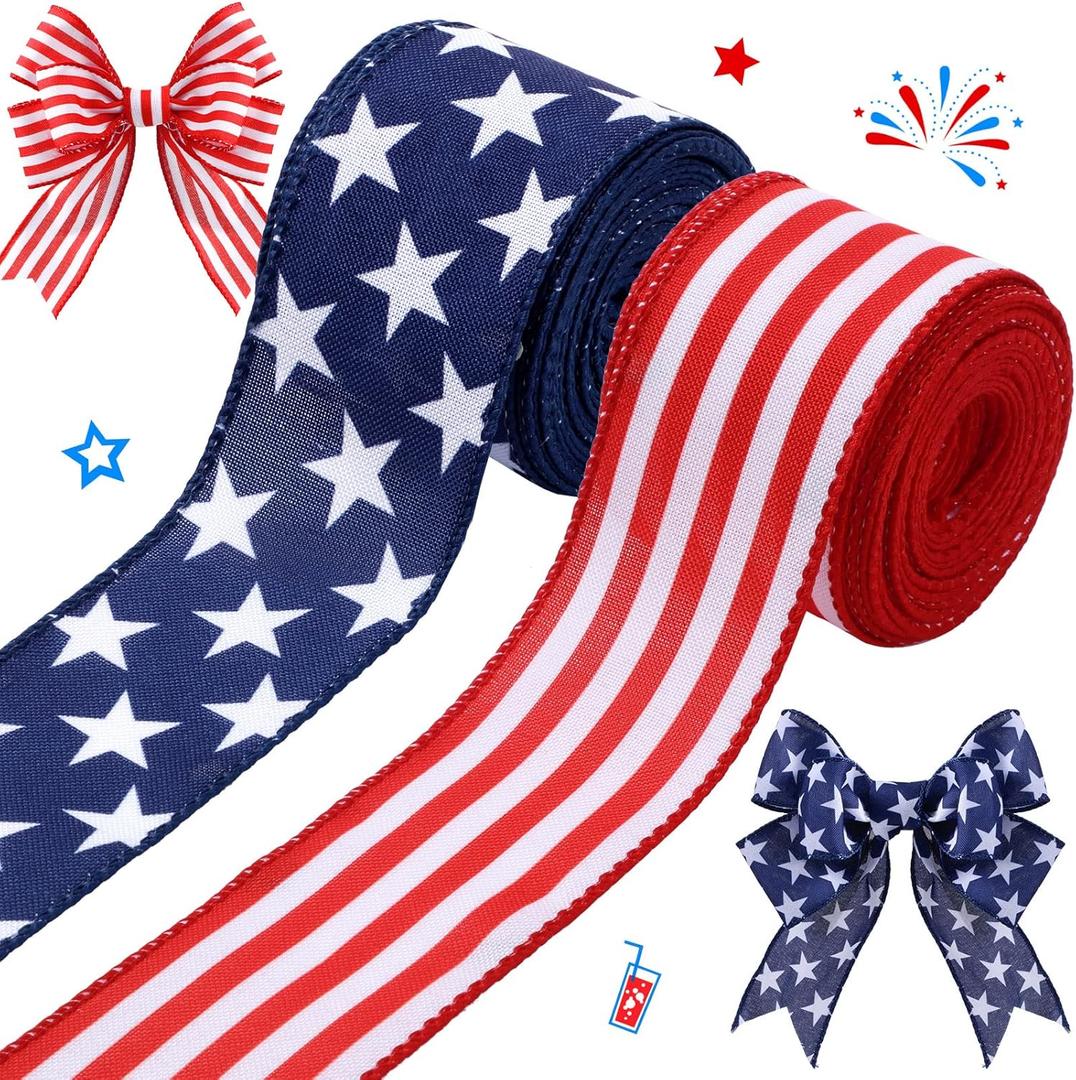 Hoteam 250th Anniversary 2 Rolls 20 Yard Red White and Blue Ribbon Patriotic Star and Striped Wired Royal USA Ribbon DIY Crafts for Xmas Holiday Decor(2 Inch,Red, Beige, White, Blue)