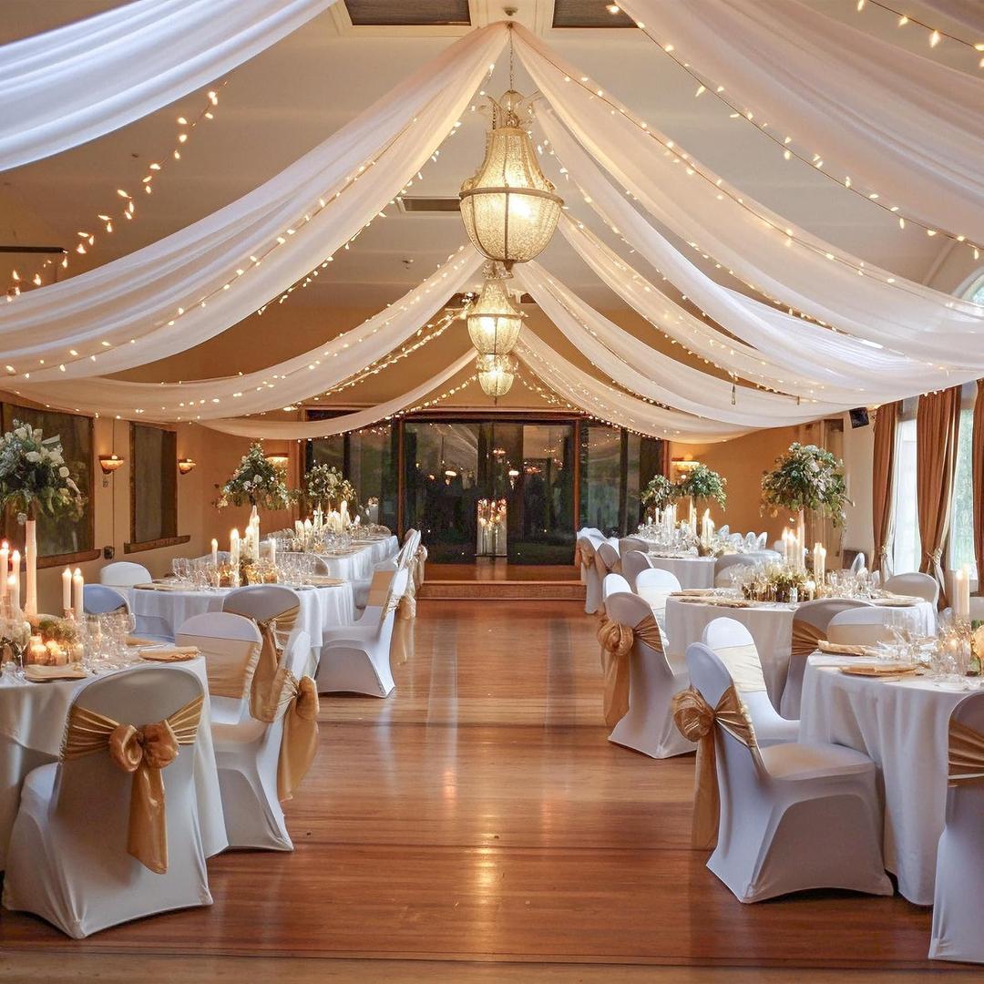 White Ceiling Drapes with Lights String for Weddings, 6 Panels 5ftx10ft Sheer Tulle Backdrop Photo Background Drapes for Wedding Ceremony Birthday Party Arch Decoration