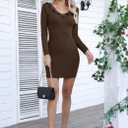 Valiamcep Women's Mini Dress V Neck Ruffle Long Sleeve Ribbed Slim Fitted Bodycon Pencil Dresses (S)