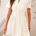 PRETTYGARDEN Womens 2026 Summer Short Dress V Neck Short Sleeve A Line Hollow Out Lace Cute Casual Beach Party Spring Dresses (White, L)