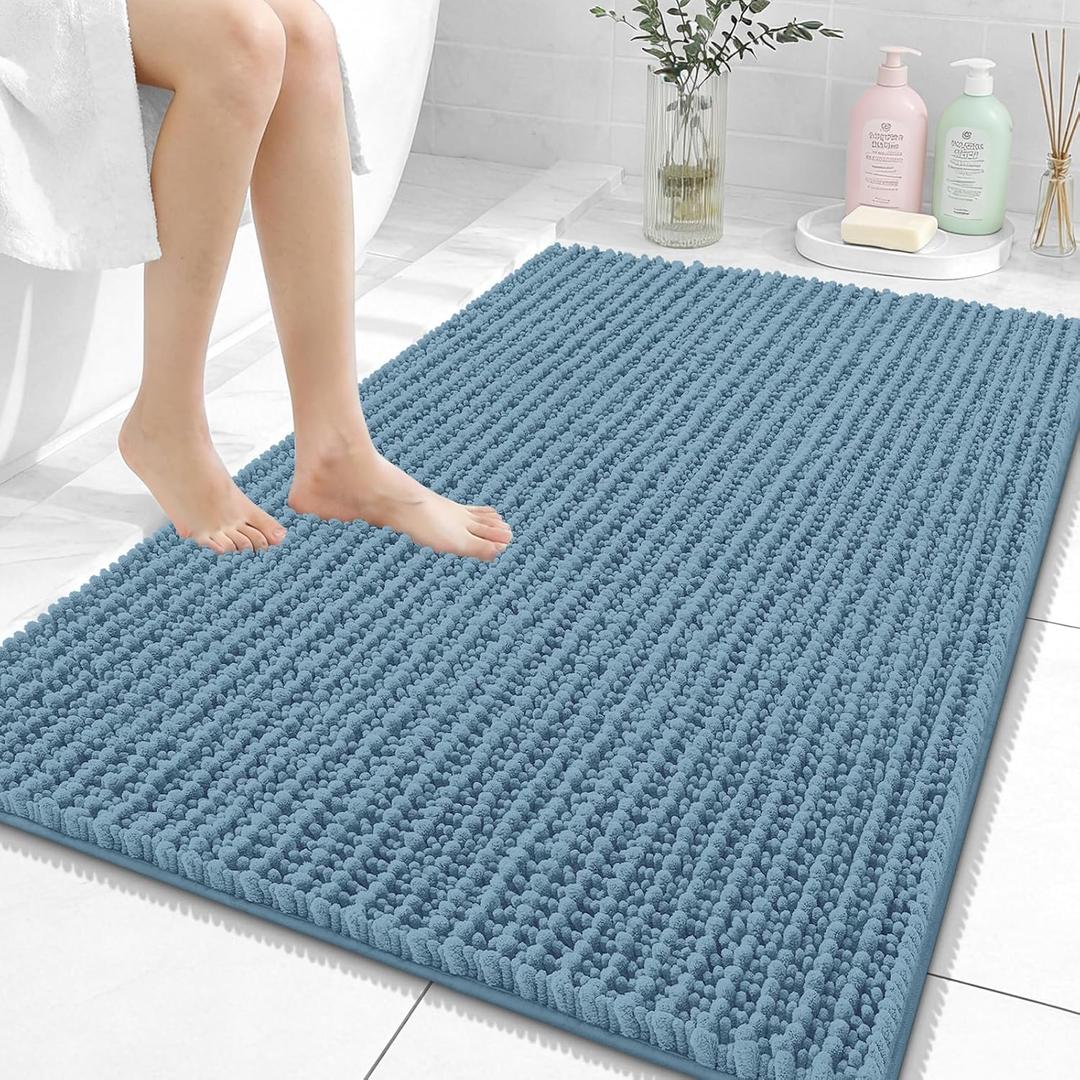 OLANLY Bathroom Rug Mat 40x32, Thick Soft and Absorbent Chenille Bath Mat, Non-Slip Rubber Backing, Machine Washable Quick Dry Bath Rugs for Tub Shower Floor, Home Decor Accessories, Airy Blue