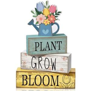 Moucuny 4 Pcs Spring Table Decorations Flower Wooden Signs Spring Tiered Tray Decor Wooden Flower Kettle Block Signs Pastel Table Centerpieces Decor for Home Kitchen Shelf