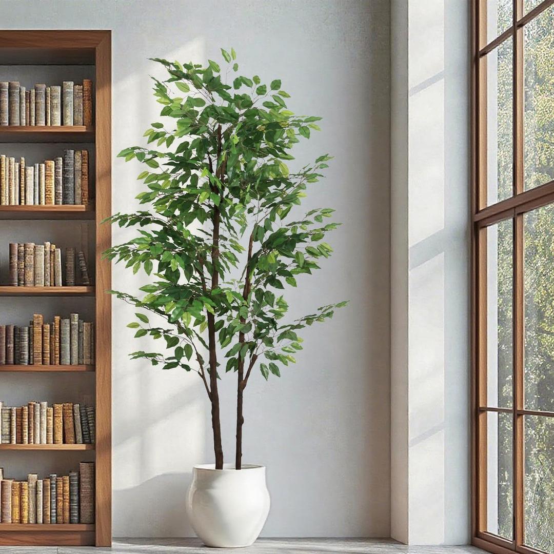 7.22ft Ficus Artificial Trees, Lifelike Faux Tree, Green Lush Fake Ficus Tree Artificial Plants for Office Home Living Room Indoor Outdoor Modern Decor, Perfect Housewarming Gift