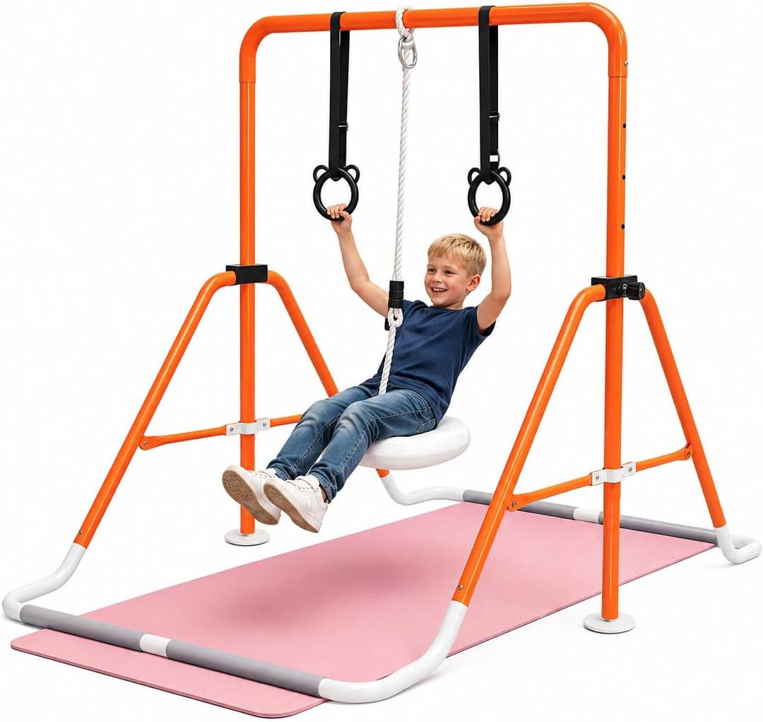 Gymnastics Bar for Kids Ages 3+, Foldable Gymnastic Kip Bar with Mat, Swing & Rings, 5 Adjustable Heights 35-51 in, Stable A-Frame Horizontal Bar