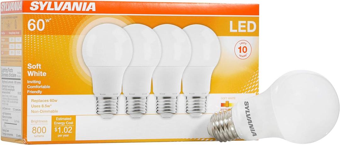 Sylvania LED Light Bulb, 60W Equivalent A19, Efficient 8.5W, Medium Base, Frosted Finish, 800 Lumens, Soft White - 4 Pack (73888)