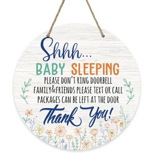 Deroro Shhh Baby Sleeping Front Door Sign, Please Don't Ring Doorbell Farmhouse Wood Door Hanger Outdoor Outside Porch Baby Room Decor, Rustic Wooden Wreath Indoor Wall Hanging Decoration