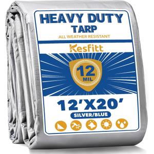 Kesfitt 12 Mil Heavy Duty Waterproof Tarp with Metal Grommets, 12x20 ft, Silver & Blue Reversible Poly Tarp for Outdoor Protection, Yard, Worksite, Pools, Vehicles, Equipment Coverage