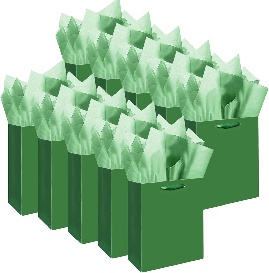 qiqee 10PCS Deep Green Mini Gift Bags with Tissue Paper Handles 6.3"x4.7"x2.4" Small Size Present Party Favor Bags20pcs Tissue Paper Included