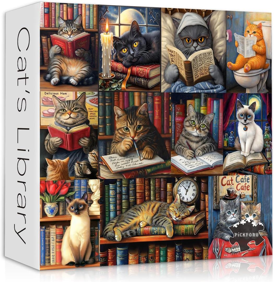 Vintage Cat Puzzles for Adults 1000 PiecesPICKFORU Retro Cat Library Themed, Book Kitten Bookshelf Jigsaw Puzzles Collage Challenge