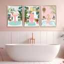 3Pcs Pink Bathtub Plant Canvas Wall Art Maximalist Botanical Bathroom Posters Prints Paintins Pink toilet bathtub sink Wall Decor Pictures for Washroom Artwork Home Decoration Unframed