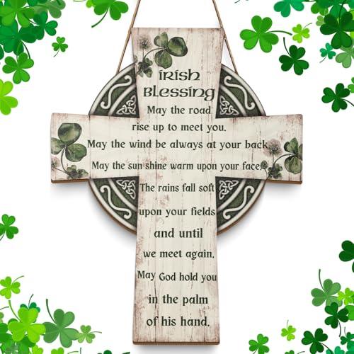 Anglechic St Patrick's Day Door Decorations Green Welcome Front Door Sign Wooden Sign with Irish Blessing Hanging Decoration Clover Home Wall Decor Irish Gifts(White,Vintage Style)