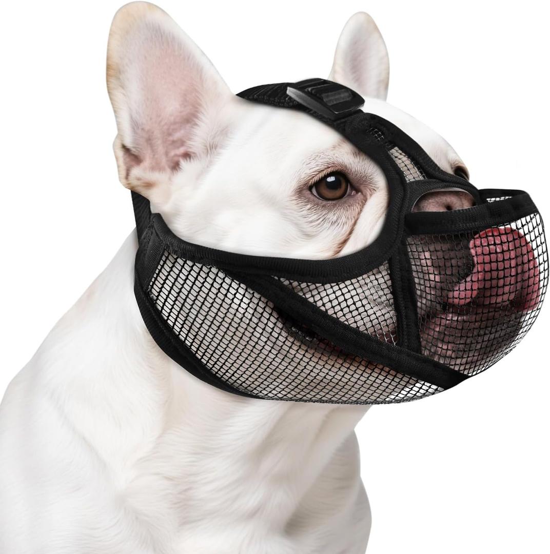 Soft French Bulldog Muzzle with Eye Hole, Adjustable Short Snout Dog Muzzle for French Bulldog, Pug, Shih Tzu, Anit Biting Chewing, Allow to Drink and Feed(L,Black)