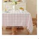 Gingham Tablecloth Rectangular, Tassels Checkered Table Cloth Washable Cotton Linen Plaid Table Cover for Spring Summer Kitchen Dining Party,Pink and White,55x70