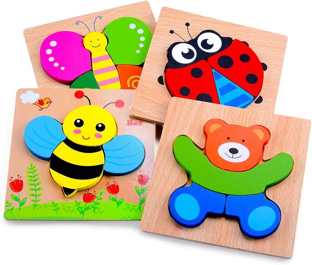 Magifire Wooden Puzzles, Set of 4 Montessori Toys for 1 Year Old, for Toddlers 1-3, Baby Wood Toys with Chunky Pieces with Bag - Butterfly, Bee, Ladybug, Bear (4 Pack - Butterfly, Bee, Ladybug, Bear)
