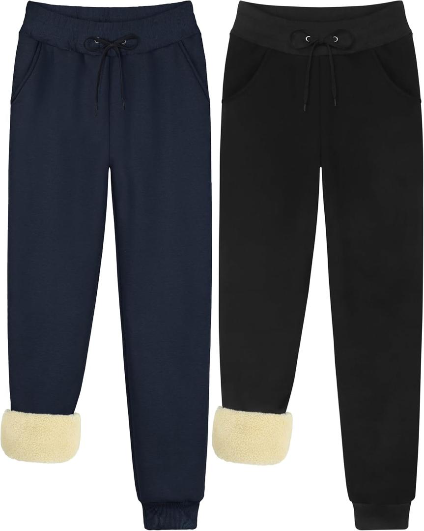 URATOT 2 Pack Women's Sherpa Lined Sweatpants with Pockets Winter Warm Jogger Sweatpants Athletic Fleece Lined Pants (Medium, Black, Navy Blue)