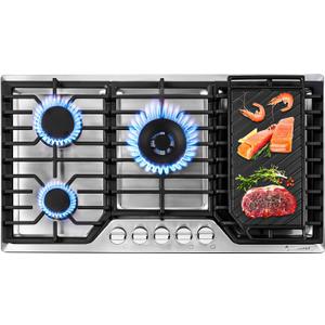 AMZCHEF 36 inch Gas Cooktop with 5 Made in Italy SABAF Power Burners.Max 48300 BTU/hr Built-in Gas Stove top of 304 Stainless steel with Double Sided griddle,NG/LPG Convertible,ETL.