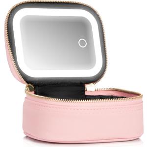 Small Makeup Bag with Led Mirror, Mini Travel Make up Bag 3 Light Modes Adjustable Brightness, for Women Organizer Cosmetic Bag, Portable Travel Train Toiletry Bag, for Pool Parties Work Touch-Ups (Pink)