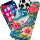 Magnetic for iPhone 16 Pro Case Cute Hibiscus Flower Ocean Wave Phone Case, Tropical Floral Beach Shockproof Slim TPU and Hard PC Protective Phone Cover Compatible with MagSafe Gift for Women
