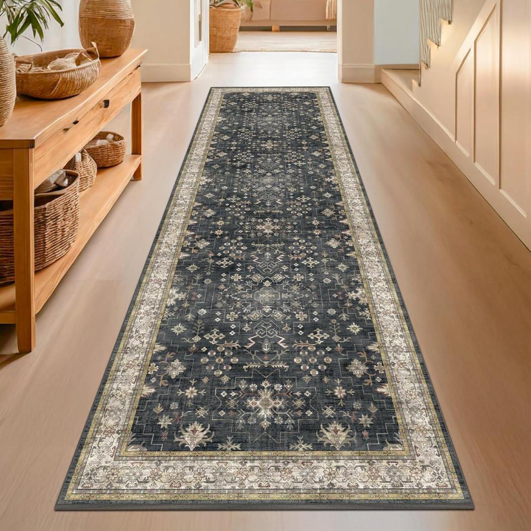 Black Washable 10ft Long Runners for Hallways, 2'6"x10' Wide Kitchen Runner Rug, Entryway Indoor Rug, Non Slip Rubber Backing Boho Vintage Floor Decor (Ashen / Multi)