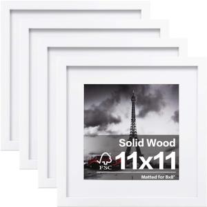 Egofine 11x11 Picture Frames 4 PCS, Made of Solid Wood Covered by Plexiglass for Pictures 4x4/8x8 with Mat for Table Top Display and Wall Mounting Square Photo Frame White