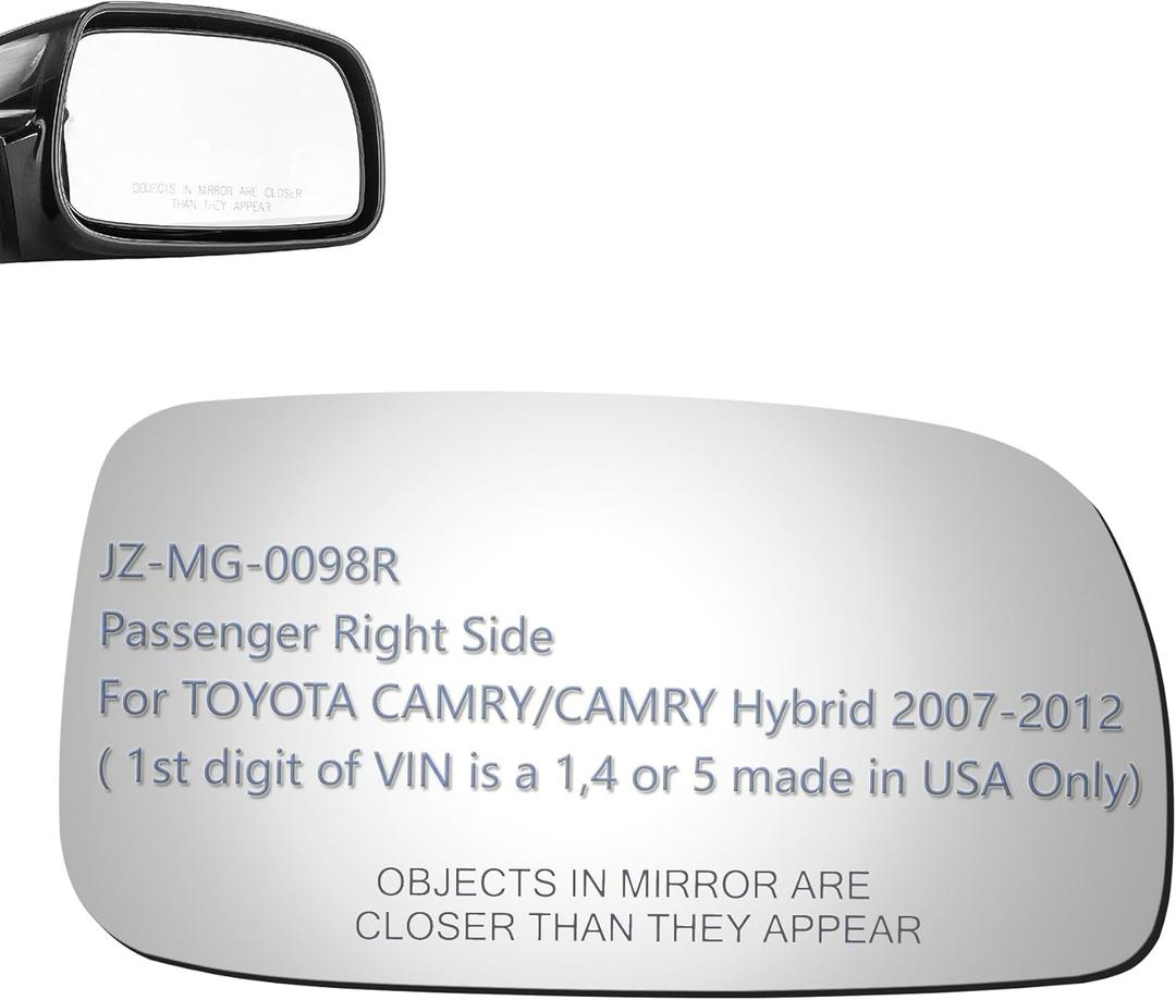 JZSUPER Side Mirror Glass fit for 2007-2012 Toyota Camry/Camry Hybrid Passenger Right Side RH Convex, Including Adhesive (made in USA Only)