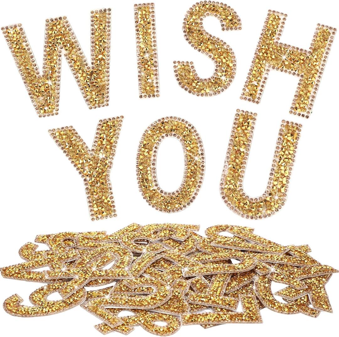 WILLBOND 37 Pieces Rhinestone Letter Stickers Large Glitter Alphabet Crystal Number Self Adhesive Bling Stickers Iron on Letters for Art Crafts Clothing DIY Decors(Gold,2.56 Inch)