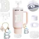5PCS White Stanley Cup Accessories Set Fit for Stanley Cup 30oz 40oz. Including Handle Charm, Personalized Initial Sticker, Straw Topper, Sparkly Silicone Boot, Spill Proof Stopper (Letter-R)