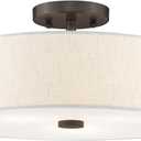 Livex Lighting 52135-92 Meridian Collection 3-Light Semi Flush Mount Ceiling Fixture with Oatmeal Color Fabric Hardback Drum Shade and Satin White Diffuser, English Bronze