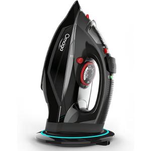 OMAIGA Cordless Iron for Clothes, 1500W Steam Iron with Non-Stick Ceramic Soleplate, Auto Shut Off, Self-Clean, Burst of Steam, Anti-calc, 3 Temperature Settings, 11.84oz Water Tank, Black