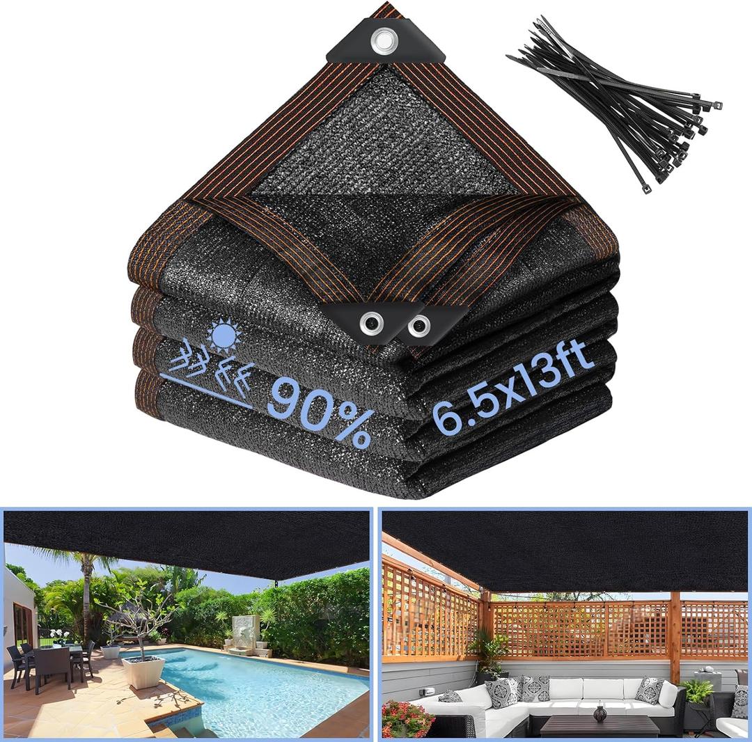 Riare 90% Black Shade Cloth- 6.5 x 13 FT Sunblock Garden Shade Cloth, Sun Shade Mesh Tarp with Reinforced Grommets for Greenhouse, Garden, Patio, Backyard, Plants, Pergola, Chicken Coop