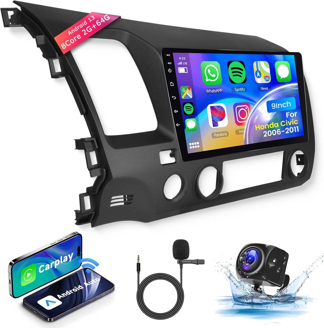 Car Stereo for Honda Civic 2006-2011 Wireless Carplay Android Auto,8Core 2+64G 9 1280X720P IPS Touch Screen Radio,Android/GPS/WiFi/32EQ /59UI/Bluetooth5.0/SWC/Backup Camera Car Radio